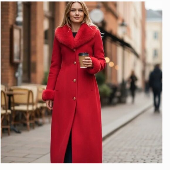 NEW VENUS RED MAXI LONG COAT FAUX FUR COLLAR CUFFS XMAS HOLIDAY GLAM - Picture 2 of 10